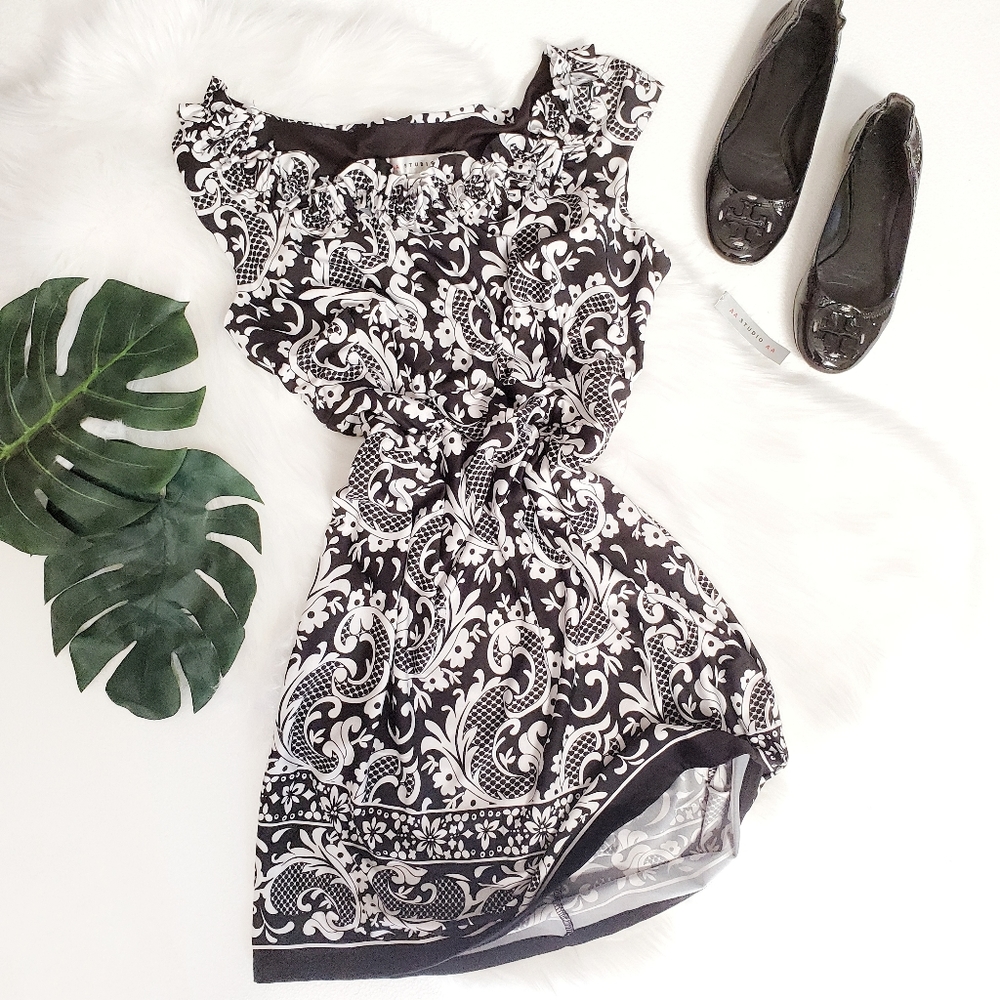 AA STUDIO Ruffle Neck Sheath Pleated Paisley Dress